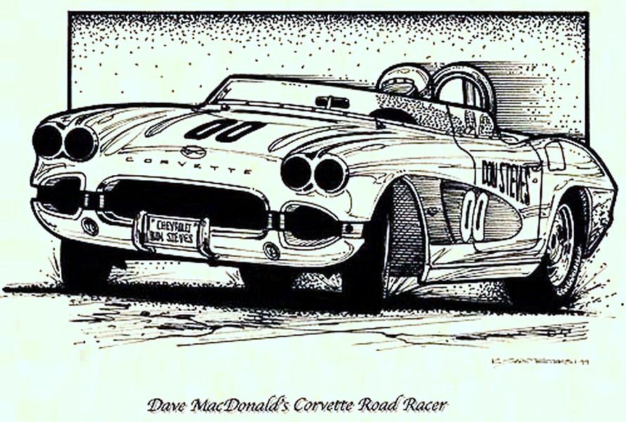 scott teeters illustration of Dave MacDonald racing his corvette at del mar raceway